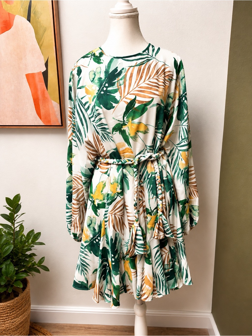 Gianni Bini Tropical Leaf Print Tie Waist Dress M